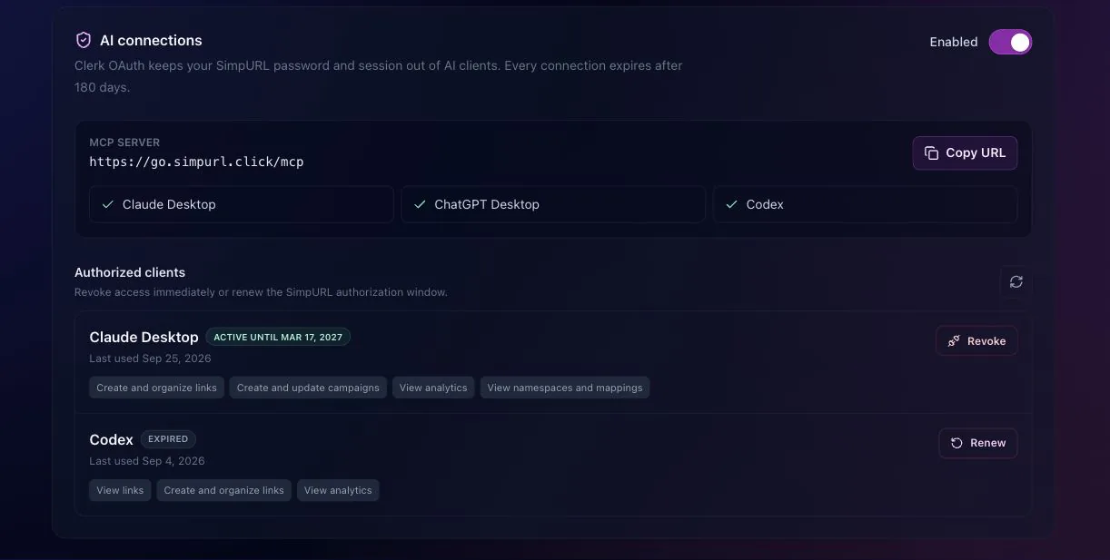 AI connections showing the MCP server URL, 180-day access, client permissions, Renew, and Revoke