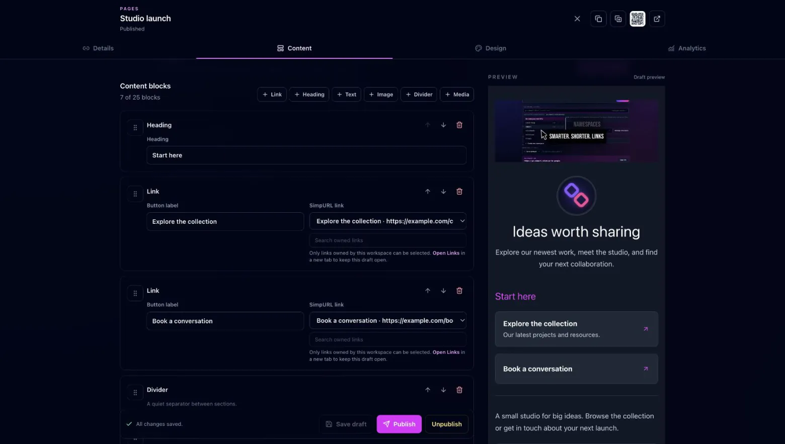 Pages Content editor with reorderable blocks, draft preview, Save draft, and Publish