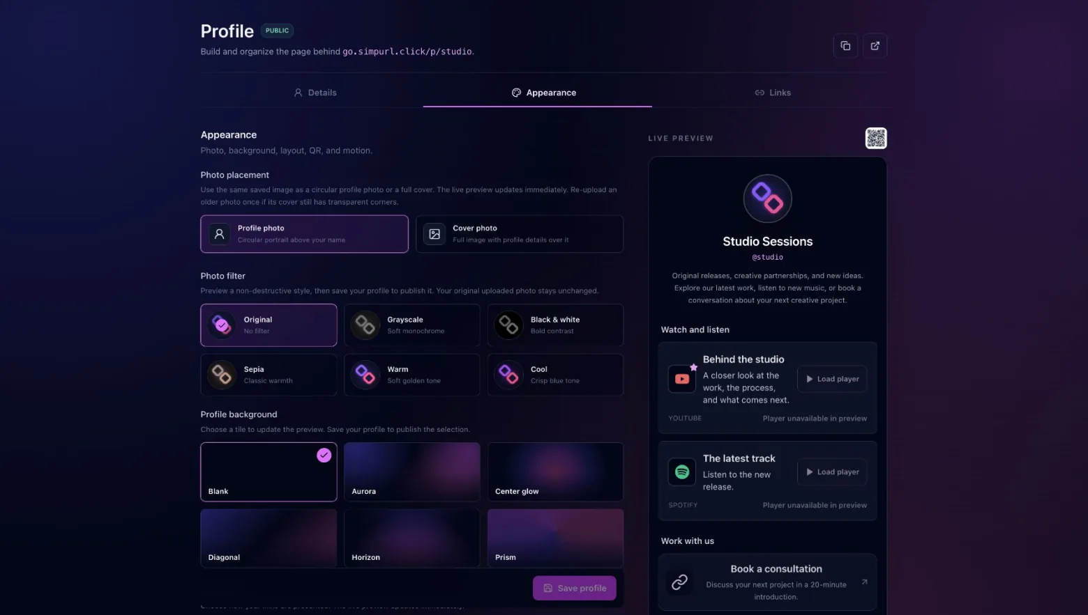Profile Appearance editor with photo placement, filters, backgrounds, and live preview