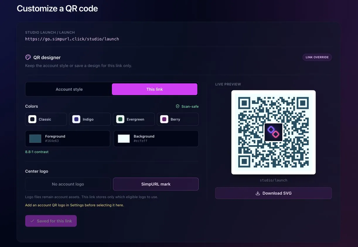QR designer with This link selected, color palettes, contrast validation, and SVG download
